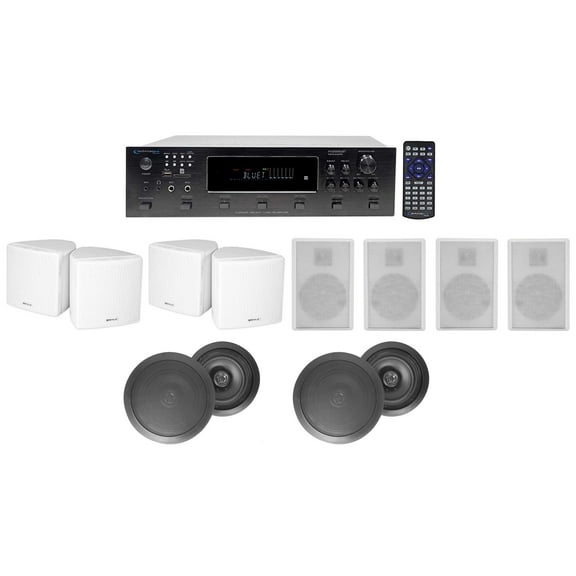 6-Zone Receiver 4 WHT 3.5" Cube Wall BL Ceiling Speakers For Restaurant/Bar/Cafe