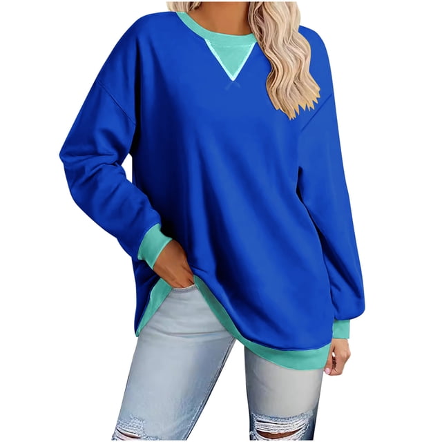 biudgviw Sweatshirts for Women Crew Neck Long Sleeve Oversized Pullover Tops Color Block Loose Fit Fall Clothings