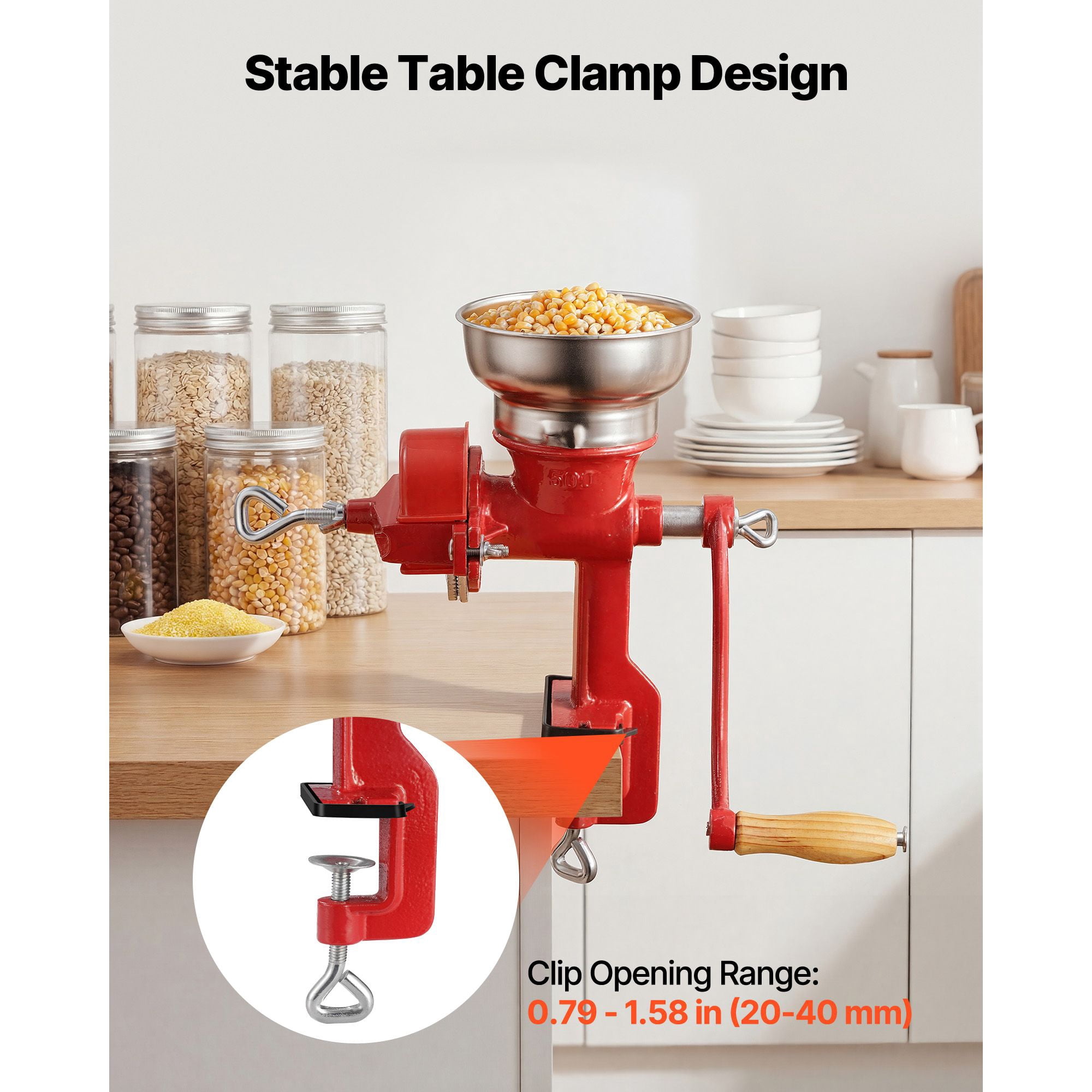 Manual Grain Mill with Low Hopper, Cast Iron, Adjustable Fineness, Table Clamp, for Grains Corn Coffee Beans Spices