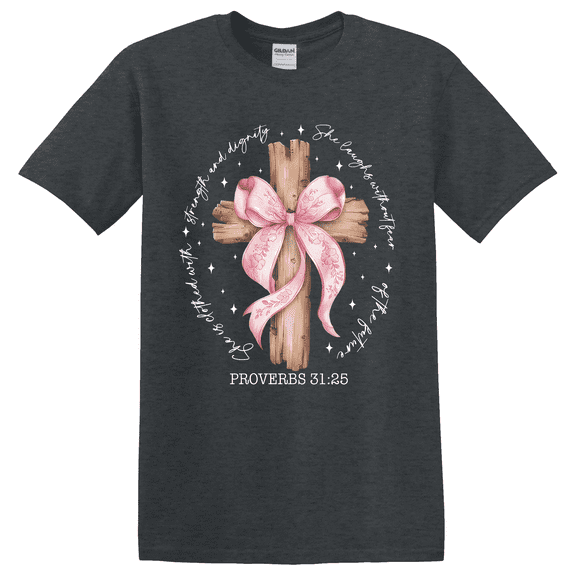 She Is Bible Verse Proverbs 31:25 Faith Coquette Coquette Bow Cross Christian Girl Religious Mom Church T-shirt