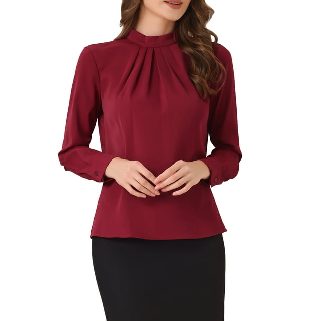 BLUSA DE CHIFFON CON CUELLO ALTO INSPIRADA EN CHIC OTOÑO INVIERNO PARA MUJERES, CAMISA DE MANGA LARGA DE NEGOCIOS CASUAL TAMAÑO S ROJO OSCURO