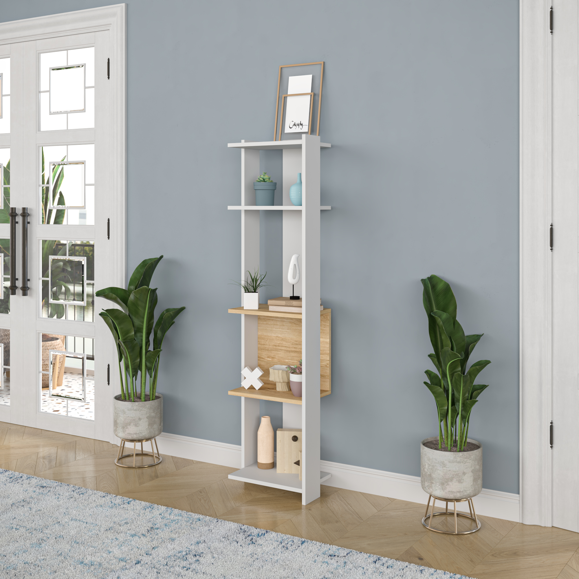 Ada Home Decor Abis 4 Tier Open Shelf Narrow Modern Bookcase, Oak/White