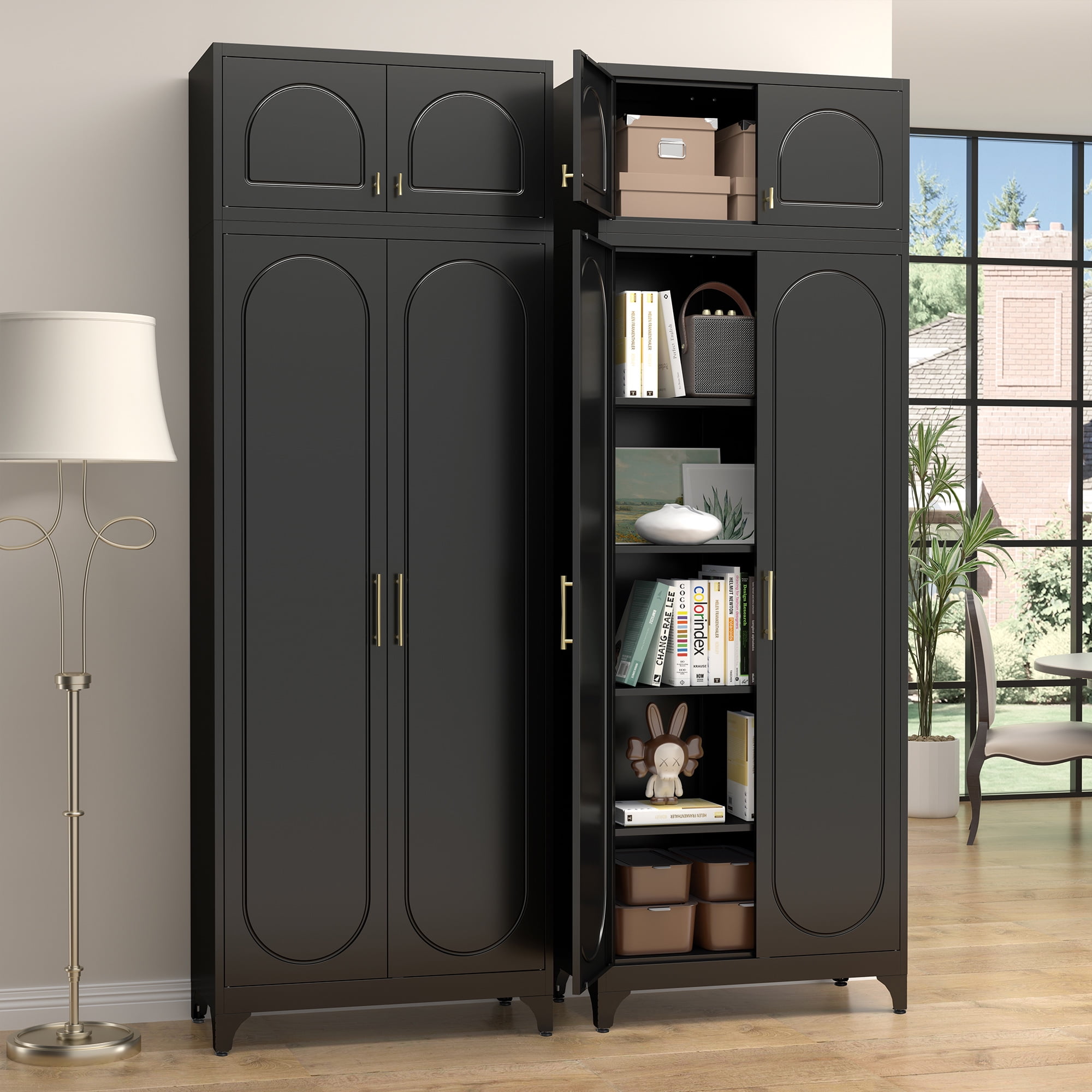 Polup 90" Height Modern Metal Pantry Storage Cabinet with Doors and Adjustable Shelves Black for Living Room Kitchen and Home