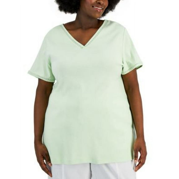 Karen Scott Plus Size Cotton Crochet Trimmed Top Calm Aloe 3X