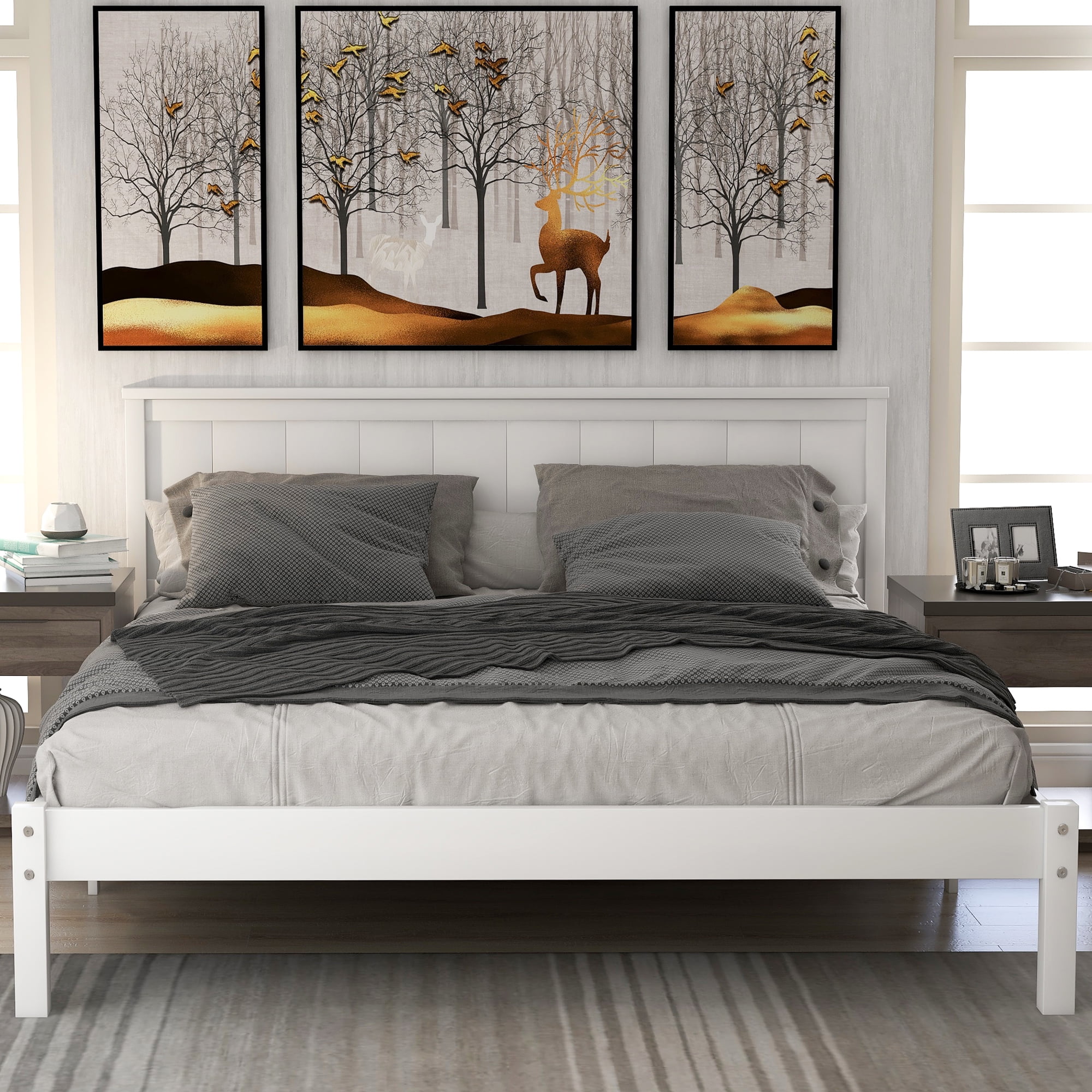 White Wood Bed Frames for Queen Size, Modern Platform Bed Frame with