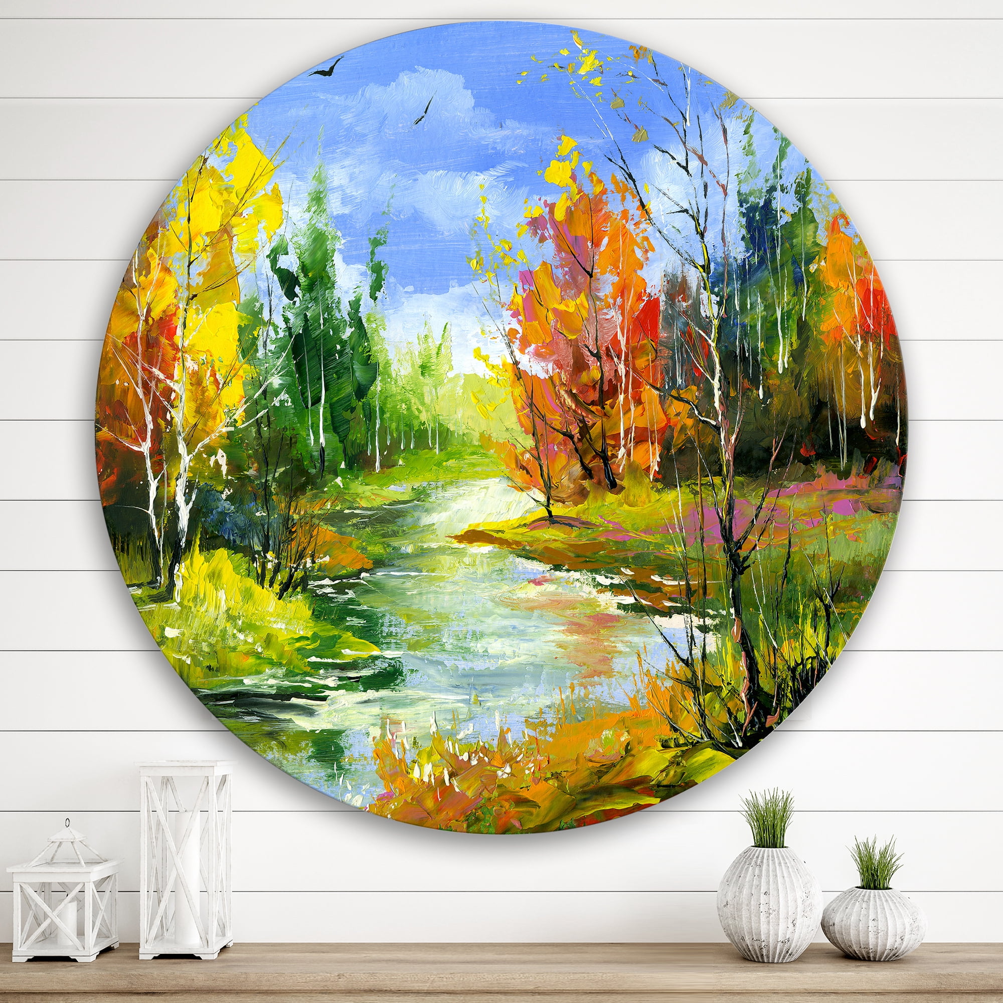 Designart 'Autumn Landscape With Forest and River' Lake House Circle Metal Wall Art 36x36 - Disc of 36