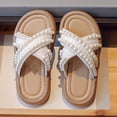 thumbnail image 5 of Girls Beige Crisscross Strap Pearl Embellished Slide Sandals Soft Cushioned Non-Slip Kids Summer Dress Shoes,Size 2 M, 5 of 6