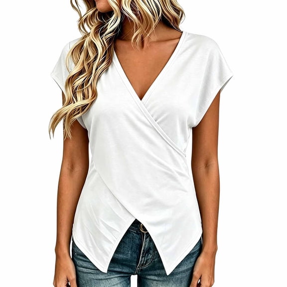 Wang6 Womens V Neck T Shirts Trendy Summer Short Sleeve Loose Fit Tops Causal Cross Neck Solid Tees Shirts 0625LiWhite XL
