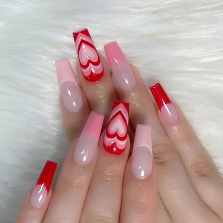 RAGUPEL Valentine's Day Press on Nails Medium Length Fake Nails Acrylic French Red Heart Exquisite Design Fashion Nail Decoration for Nails for Women and Girls 24 Pcs-A