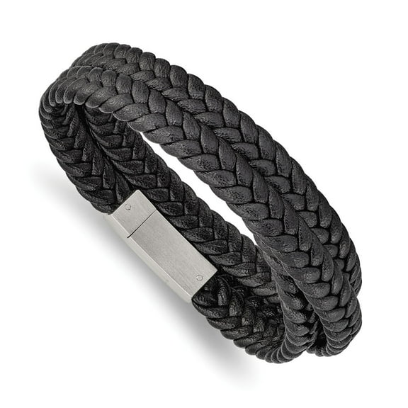 Primal Steel Stainless Steel Brushed Black Leather Braided 23 Inch Wrap Bracelet