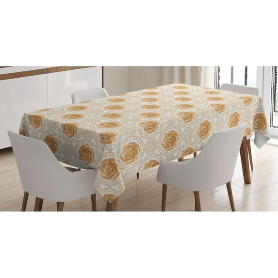 Floral Tablecloth, Rose Florets with Classic Graphic Lace Feminine Retro Oriental Motif, Rectangle Satin Table Cover Accent for Dining Room and Kitchen, 60" X 90", Sand Brown White, by Ambesonne
