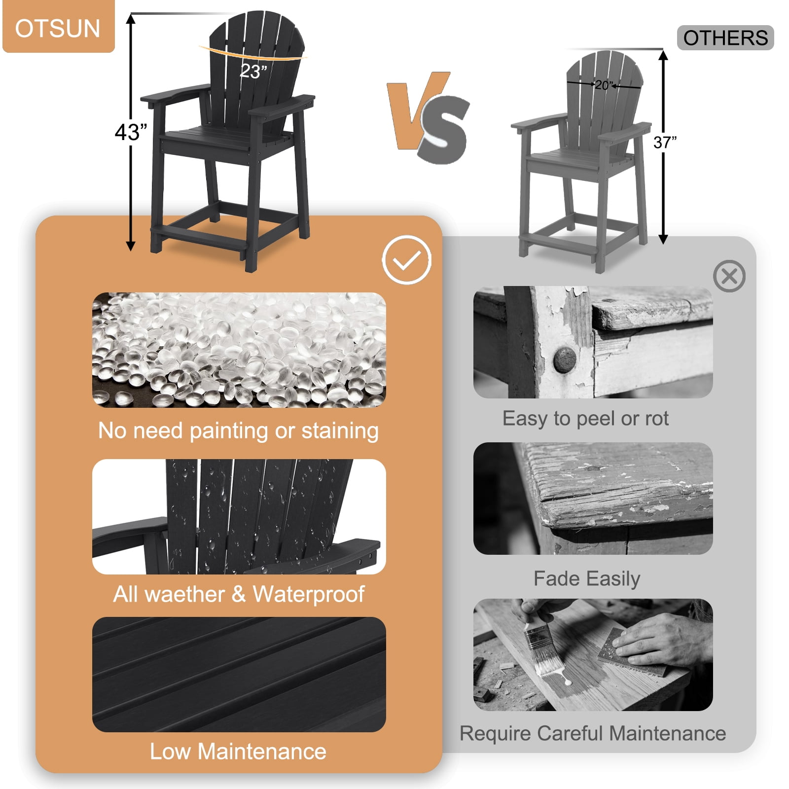 OTSUN Tall Modern Adirondack Chair, All Weather HDPE Bar Height Adirondack Stools Widened Durable Design for Porch Patio Yard Lawn Fire Pit Bistro Basement Indoors & Outdoors
