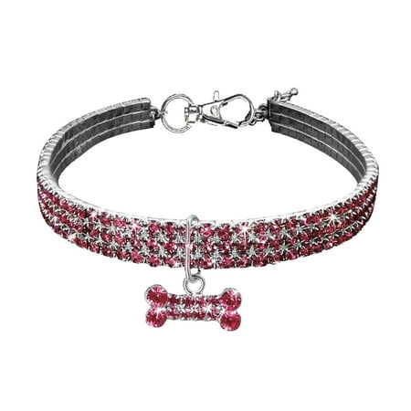 OutmaxHome Bling Dog Necklace  Glitter Crystal Rhinestone Puppy Collar Silver Chain Jewelry Diamond Cat Collars with Bone Pendant