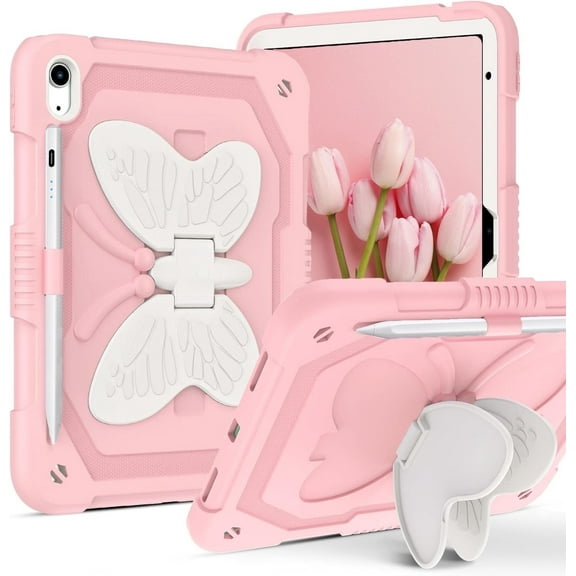 for iPad 10th/11th Generation 2022/2025(A16) Case with Butterfly Kickstand Wings Heavy Duty for iPad 10th Case 10.9'' Pencil Holder Shockproof Protective Cover Kids Girls for iPad 11th 11''，Pink