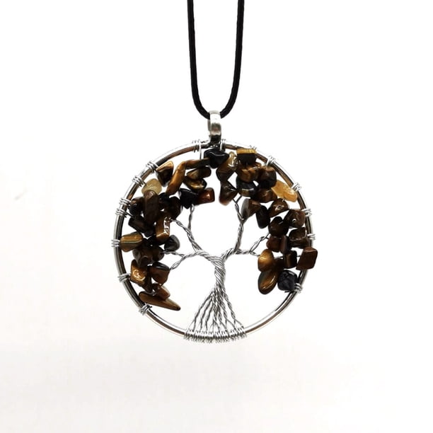 Zhuge Collar con colgante de árbol de la vida para hombres y mujeres, accesorios de collar hechos a mano, collar de árbol de la vida de cristal de piedra natural (marrón, cuerda de cuero)