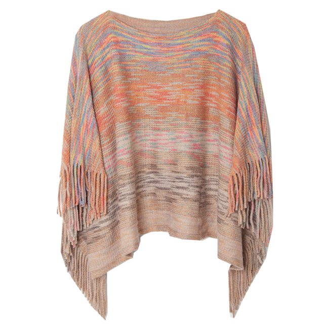 Poncho de comercio exterior de punto degradado con superposición de murciélago bohemio para mujer, chal de punto, capa con borla