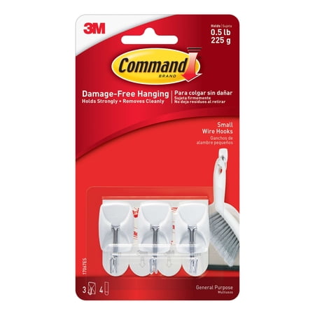 Command Small Wire Toggle Hooks, White, Damage Free Organizing, 3 Hooks and 4 Strips
