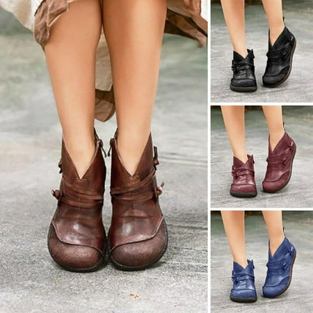 

Duretiony Womens Flat Ankle Boots Ladies Vintage Winter Casual Zipper Round Toe Shoes Party New