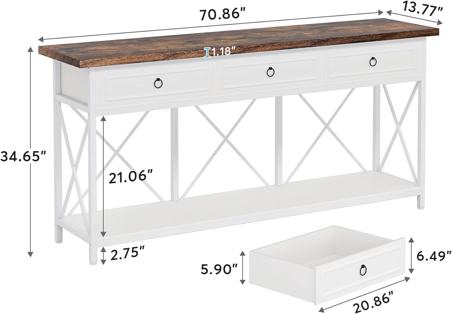 Tribesigns 70.8" Console Table with 3 Drawers, Farmhouse Entryway Table with Storage Shelf for Entryway, Hallway (White/Brown)