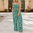 thumbnail image 7 of 2 Piece Outfits for Women 2023 Summer Crop Tops Wide Leg Pants Set Women's Printed Halter Vest Wide Leg Trousers Two-Piece Sleeveless Crewneck Top/Shirt Suit Green L, 7 of 7