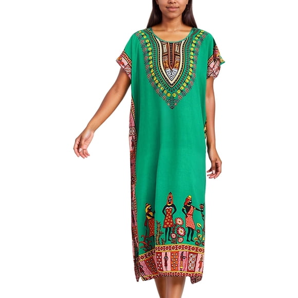African Print Kaftan Dress Tunic Long Maxi Plus Size Polyester Print Gown Casual Kimono Nightdress Women'S Casual Dress Green One Size