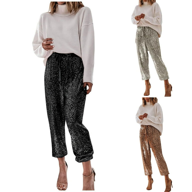 silver dress pants women's Miluxas Wedding Guest Clothing for Women Women's Contrast Sequin High Waist Wide Leg Party Clubwear Long Pants Silver 8(l), Size: 8(Large)