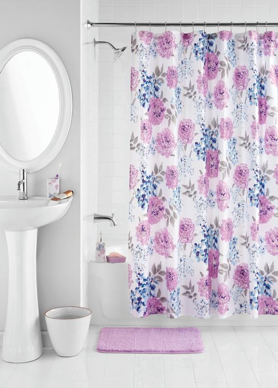 Mainstays 17-Piece Flower Polyester, Ceramic, Metal Bath Accessories Set, Purple