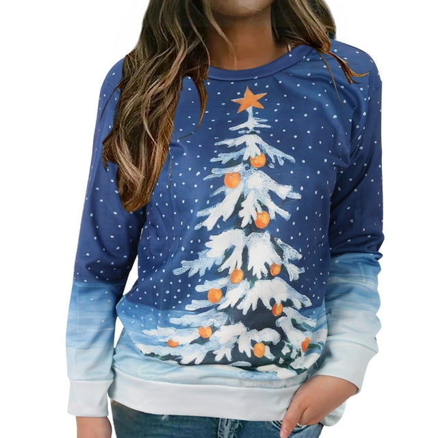 Chandail en Molleton d'Hiver pour Femmes Mi-Longueur Blouse Ample à Capuche Mode Pull Col Rond Chaud Cardigan Imprimé Noël Hoilidy