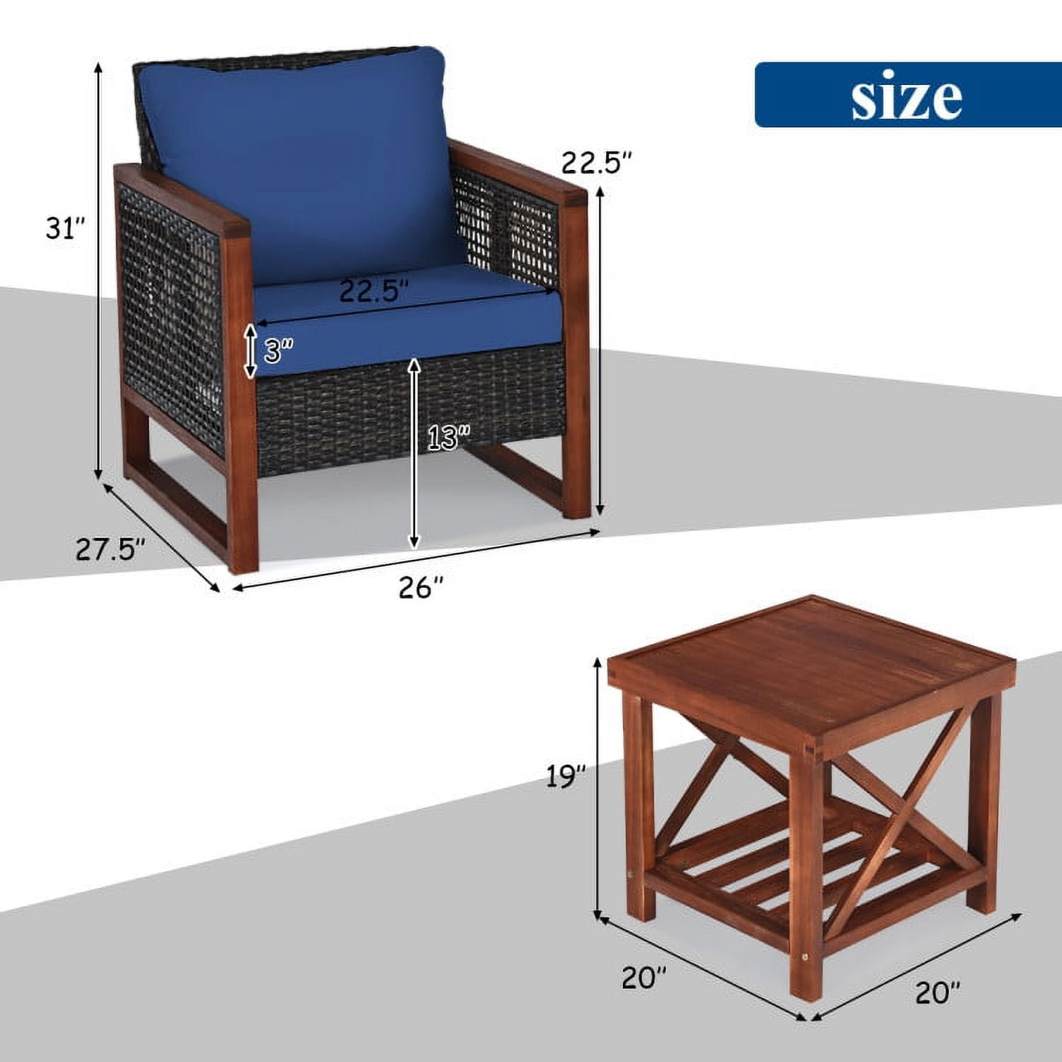 Aimee Lii 3 Pieces Patio Rattan Furniture Set with Washable Cushion and Acacia Wood Tabletop, Small Patio Set, Navy Aimee Lii 3 Pieces Patio Rattan Furniture Set with Washable Cushion and Acacia Wood Tabletop, Small Patio Set, Navy