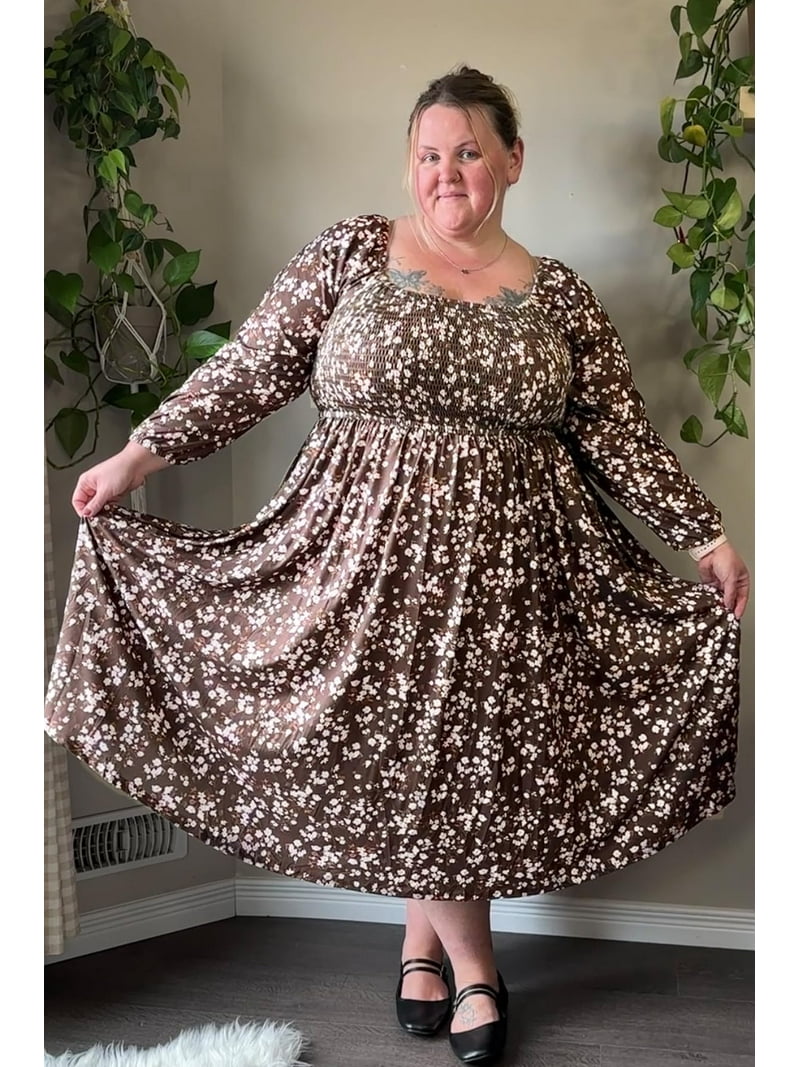 CASSIE LIZ Womens Winter Dresses Plus Size 3X Long Sleeve Boho Square Neck  Bubble Sleeve Brown Flowing Maxi Dresses Holiday Wedding Date Guest 3XL 22W  