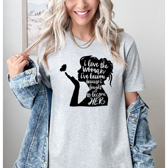 Moonlight Apparel Empowering Black Graphic T-Shirt for Women I Love the Woman I’ve Become Quote Tee Inspirational Multicolor Casual Top Comfortable Short Sleeve Shirt Self Love Gift Idea