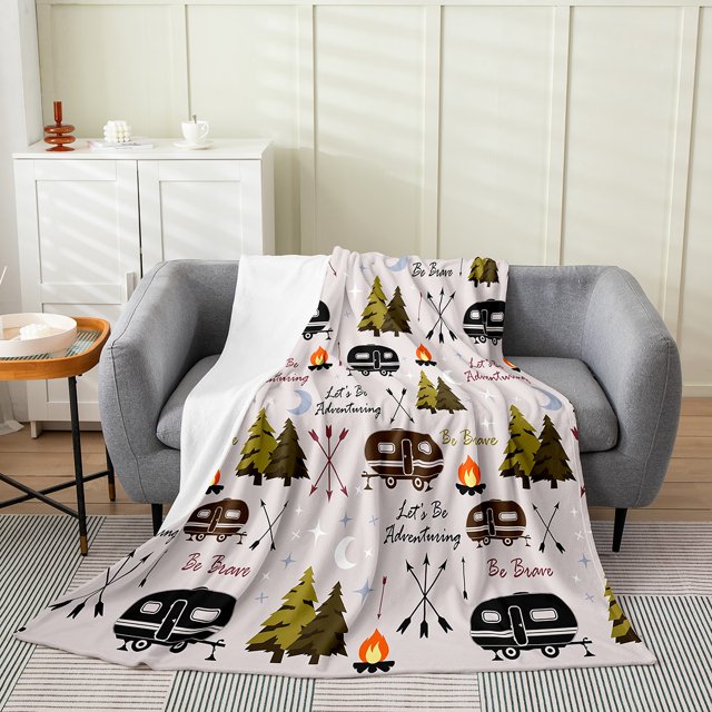 Erosebridal Happy Camping Sherpa Blanket, Rustic Farmhouse Fuzzy Blanket Throw, Cartoon RV Car Decor