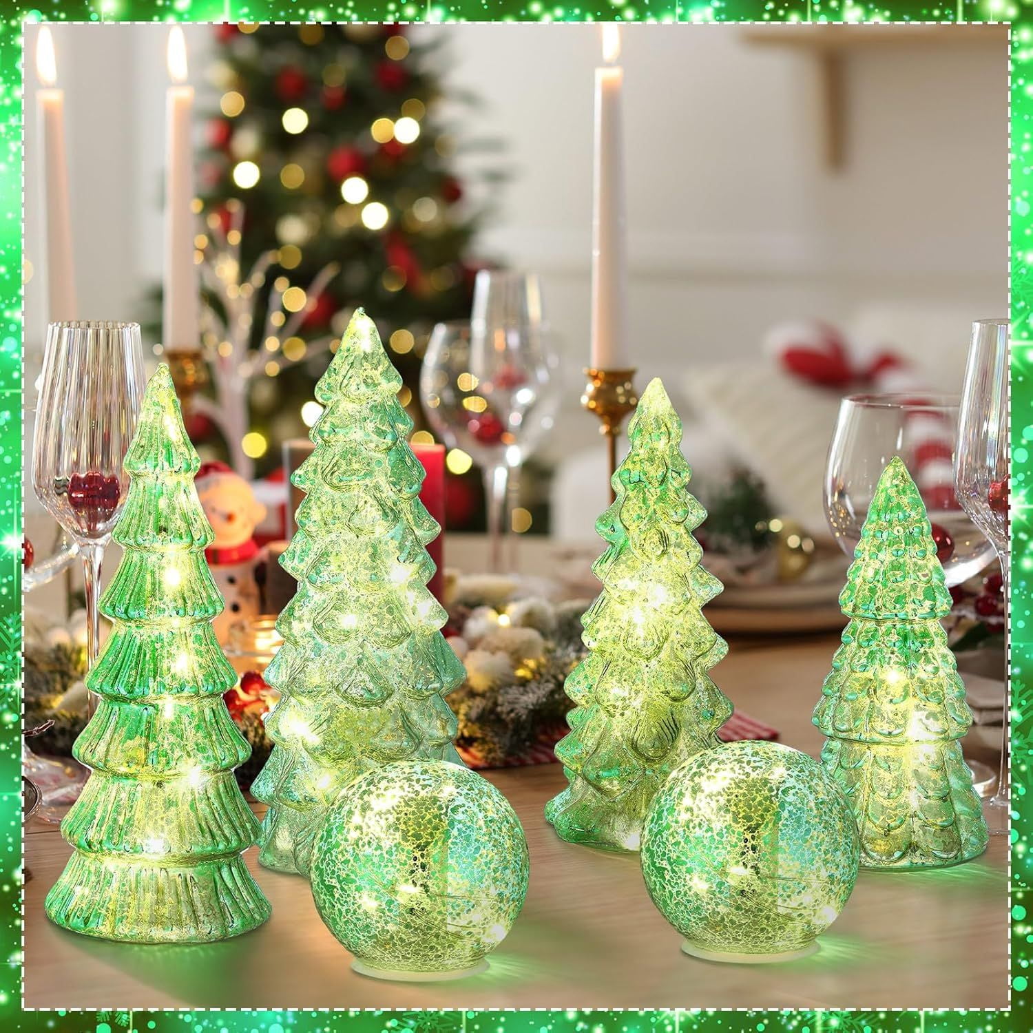 6 Pcs Mercury Glass Christmas Tree for Tabletop Light up Figurine Christmas Tree Mercury Cracked Glass Globe with Light for Xmas Decor Home Party Centerpiece Mantel Gift