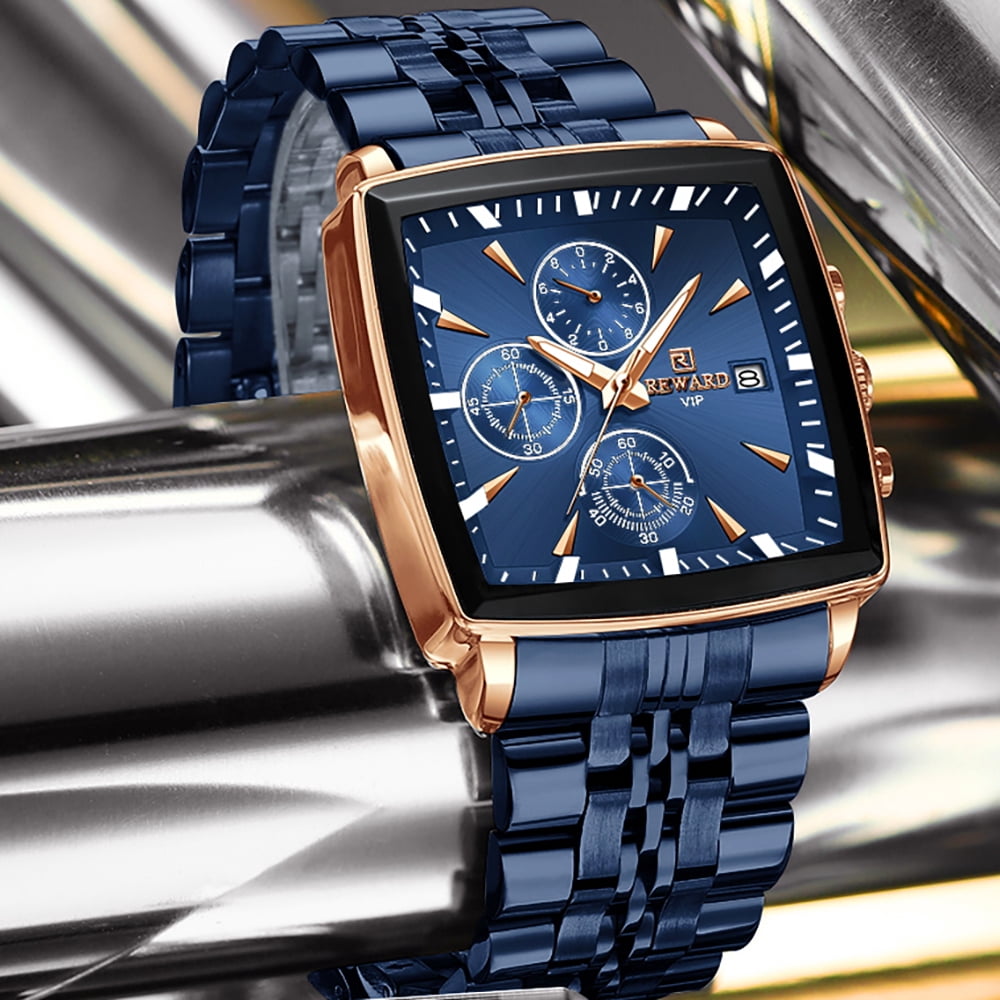 Square Watches for Men Blue Stainless Steel Chronograph Fashion Business Watch Luminous Waterproof Casual Wrist Watches