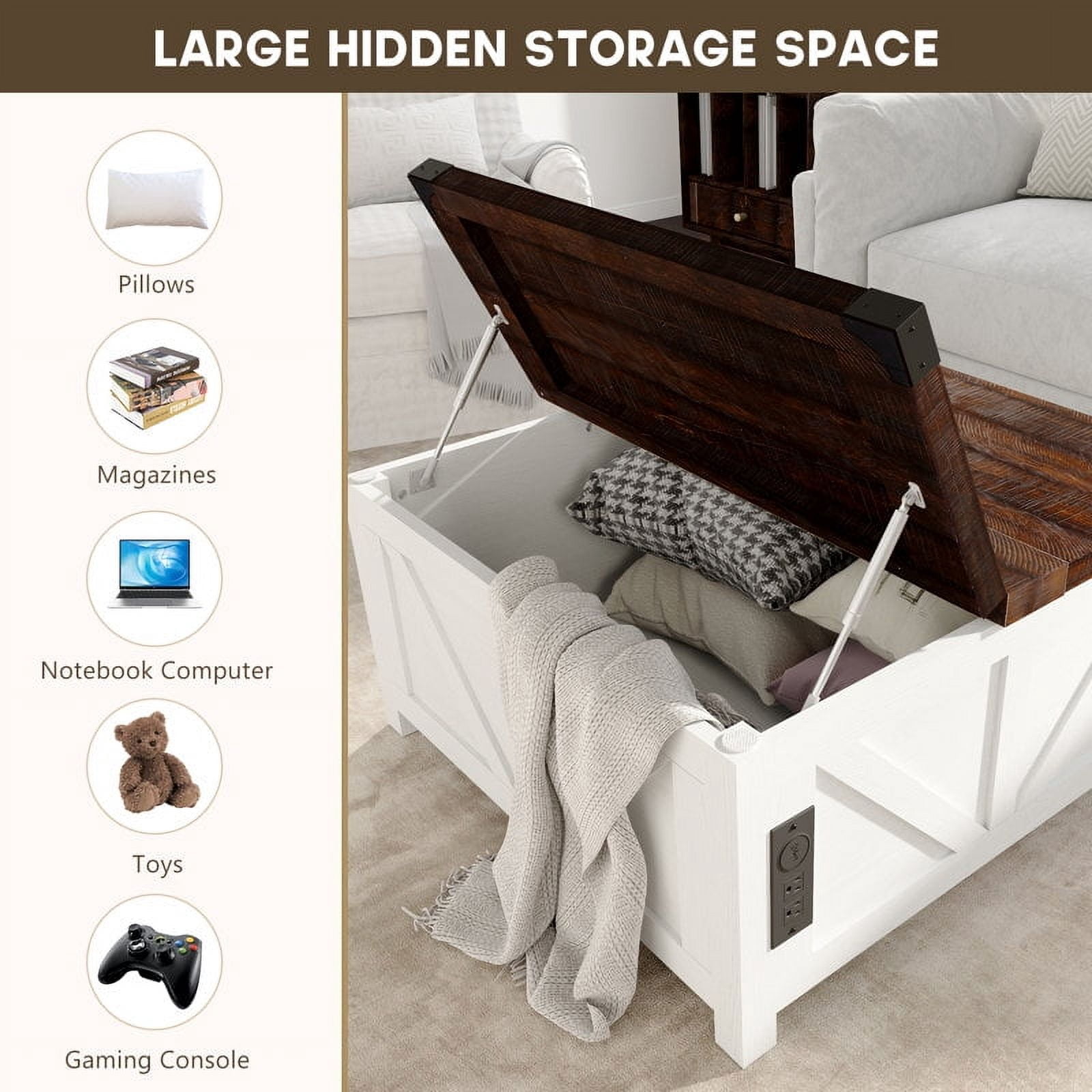 35.6" Farmhouse Lift Top Coffee Table with Charging Ports,Large Square Coffee Table with Storage, Wood Center Table w/Large Hidden Space for Living Room Home Office,White Brown