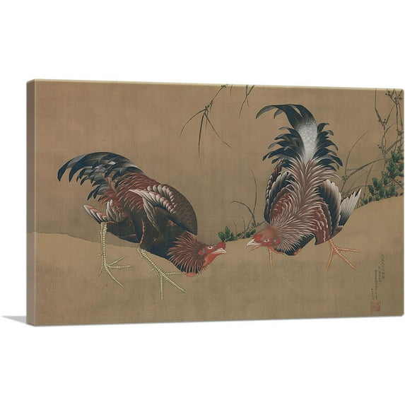 ARTCANVAS Gamecocks 1838 Canvas Art Print by Katsushika Hokusai - Size: 40" x 26" (0.75" Deep)