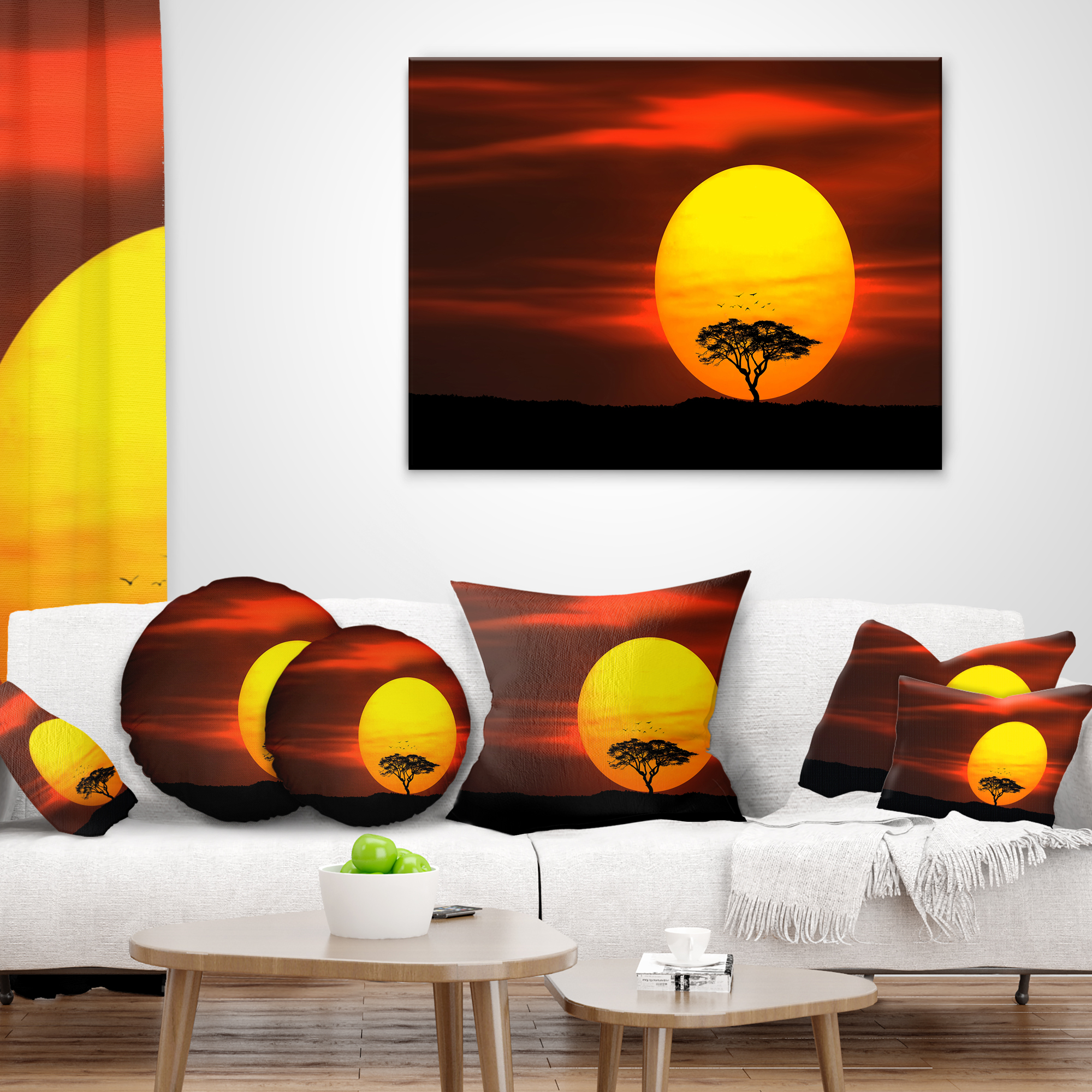 Designart Lonely Tree with Birds at Sunset - Landscape Printed Throw Pillow - 12x20