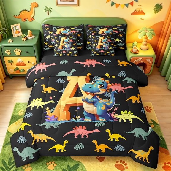 Manfei Monogrammed A Twin Bedding Sets 7pcs,Zoo Animal Dinosaur Bedding Comforter Set 7pcs,Black Yellow Sheet Sets,Microfiber Room Decorative Reversible