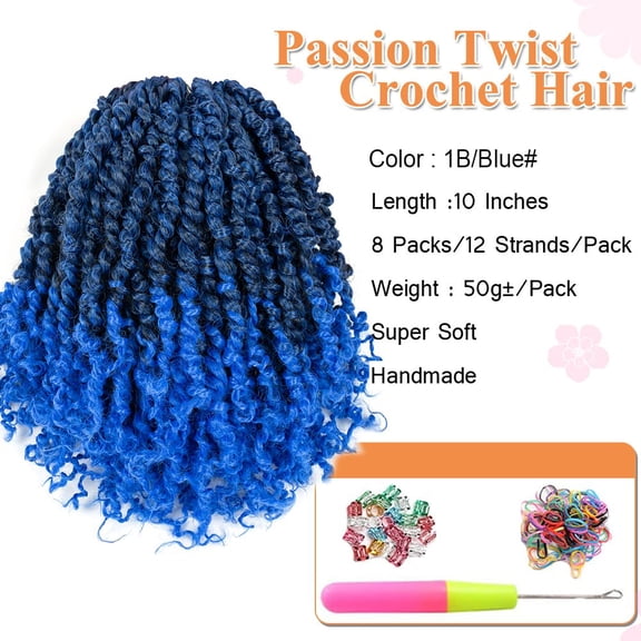 WEIF-Passion Twist Crochet Hair 10 Inch 8 Packs Pre-twisted Passion Twist Crochet Hair For Women Pre-looped Short Passion Twist Hair Braids Synthetic Crochet Hair Extension (10 Inch, 1B/blue#)