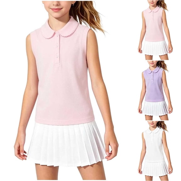BXJX Girls Cotton T-shirts Siz 10 T, School Sleeveless Sports Collared Summer Tops for Kids Pink