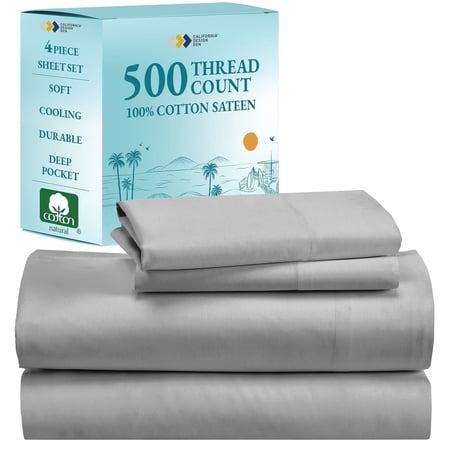 California Design Den Full Size Bed Sheets - Luxury 500 Thread Count 100% Cotton Sateen  4 Piece Sheet Set  Cooling Bed Sheets with Deep Pocket Fitted Sheet  Light Gray