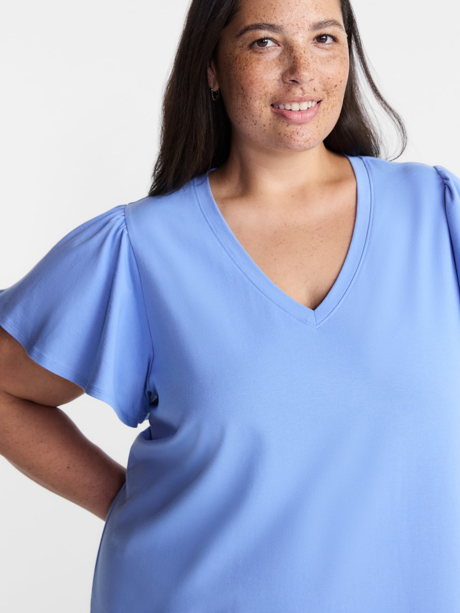 Terra & Sky Women’s Plus V Neck Mini Dress with Short Flutter Sleeves, Sizes 0X-5X