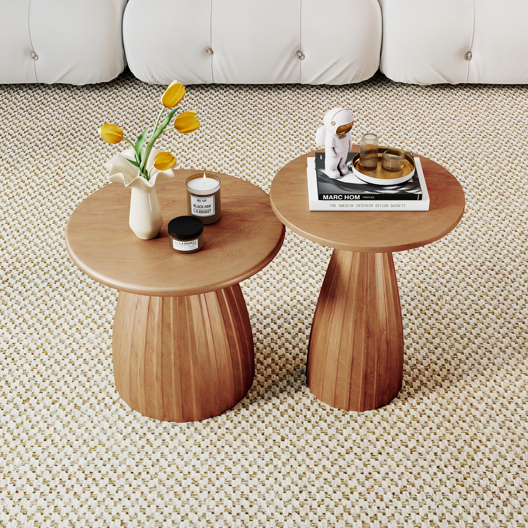Outdoor Side Tables Set of 2, Small Round End Table, Weather Resistant Metal Steel Side Table for Patio Yard Balcony Garden Bedside, No Assembly, Brown