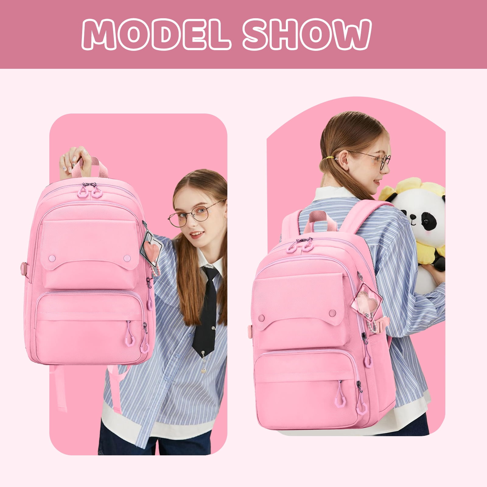 Inadays School Backpack, Large Capacity Bookbag for 15.6 Inch Laptop, Water-Resistant Cute Girlish Backpacks for Teen Adults Tween, Lightweight Travel Daypack for Primary Middle School College, Pink