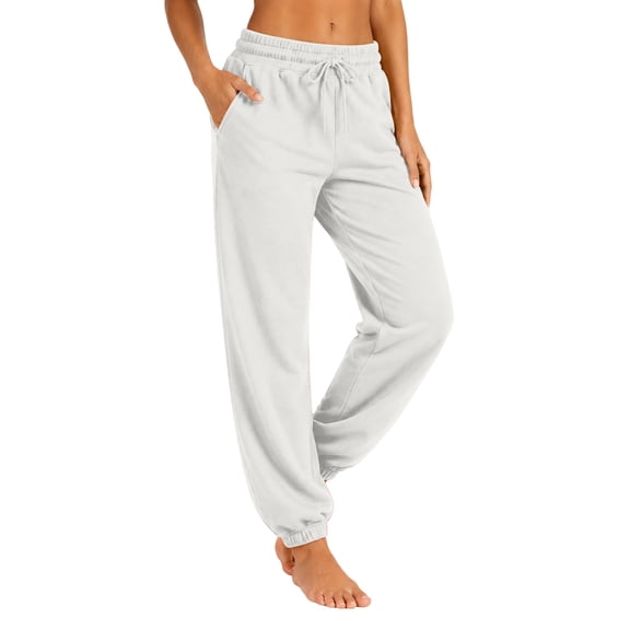 Resicozy Womens Joggers with Pockets Drawstring Elastic Waist Athletic Lounge Pants Casual Fashion Solid Color Trousers White 2XL