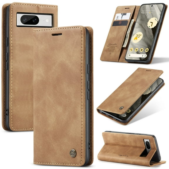 Dteck Wallet Case for Google Pixel 8, Handmade Retro Durable Soft PU Leather Magnetic Closure Flip Anti-Fall Shockproof Case with Kickstand and Card Slots Protective Cover for Google Pixel 8, Brown