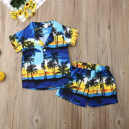 

Baby Boys Summer Clothes Beach Shirt Shorts Suit Navy Blue Cute Pattern Print Rompers Outfit Set