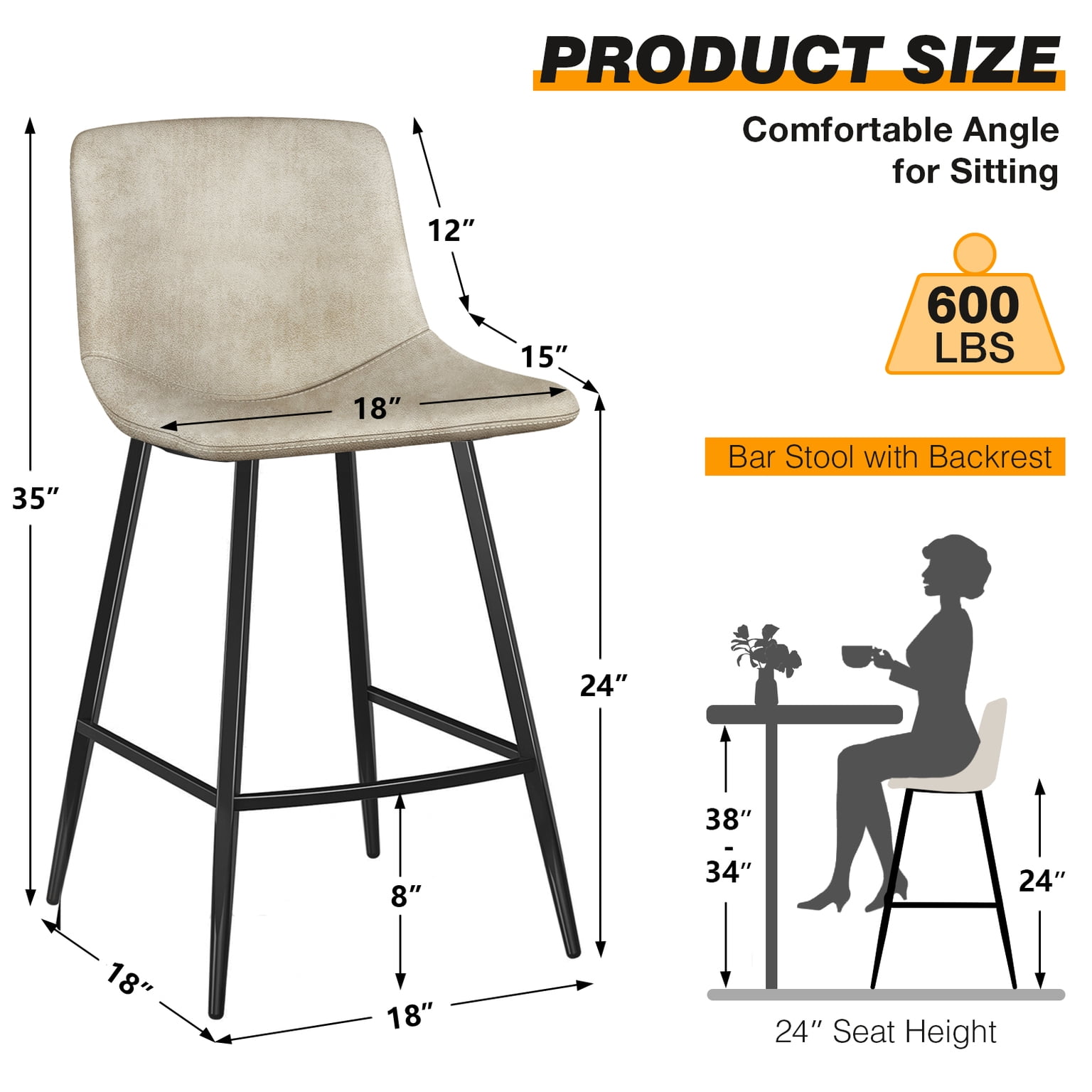 TAVR 600 lbs Counter Height Bar Stools Set of 3, 24 inch Leather Barstools with Back and Metal Legs for Kitchen Island, Beige