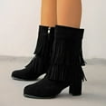thumbnail image 2 of Women's Fringe Cowboy Boots Round Toe Wide Calf Tassel Western Booties Casual Hidden Wedge Heel Cowgirl Winter Work Boots, 2 of 7