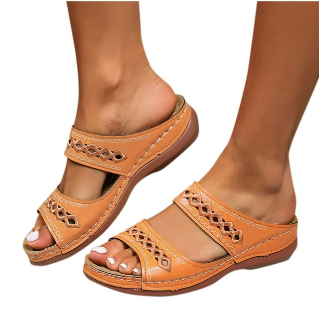 Wedge Sandals for Women Slide Double Straps Hollow out Open Toe Soft Sole Non Slip Walking Beach Summer Slide Sandals Orange